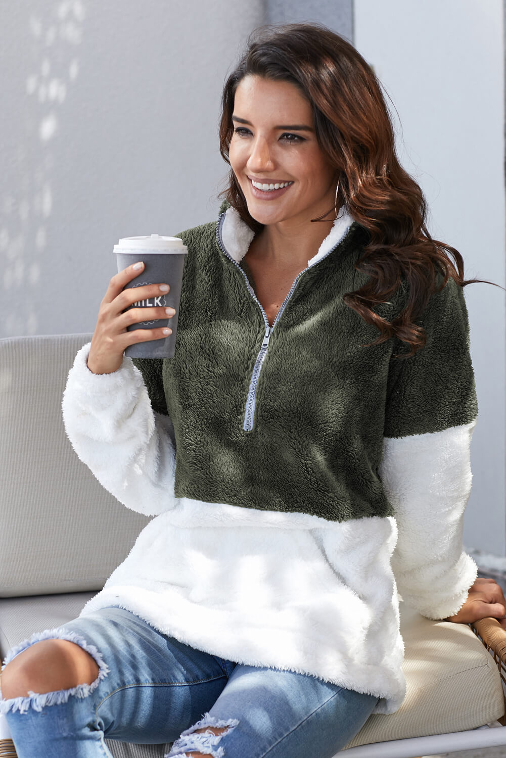Women's Pullover with Women Atrovirens White Zip Neck Oversize Fluffy Fleece