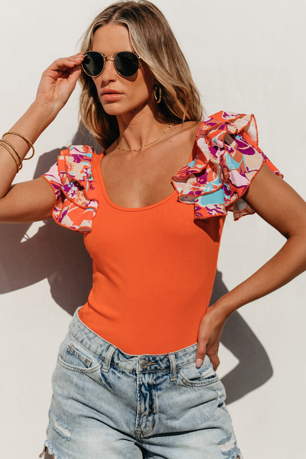 Women's Bodysuit with Rib-Knitted Knitted Layered Ruffle-Trimmed