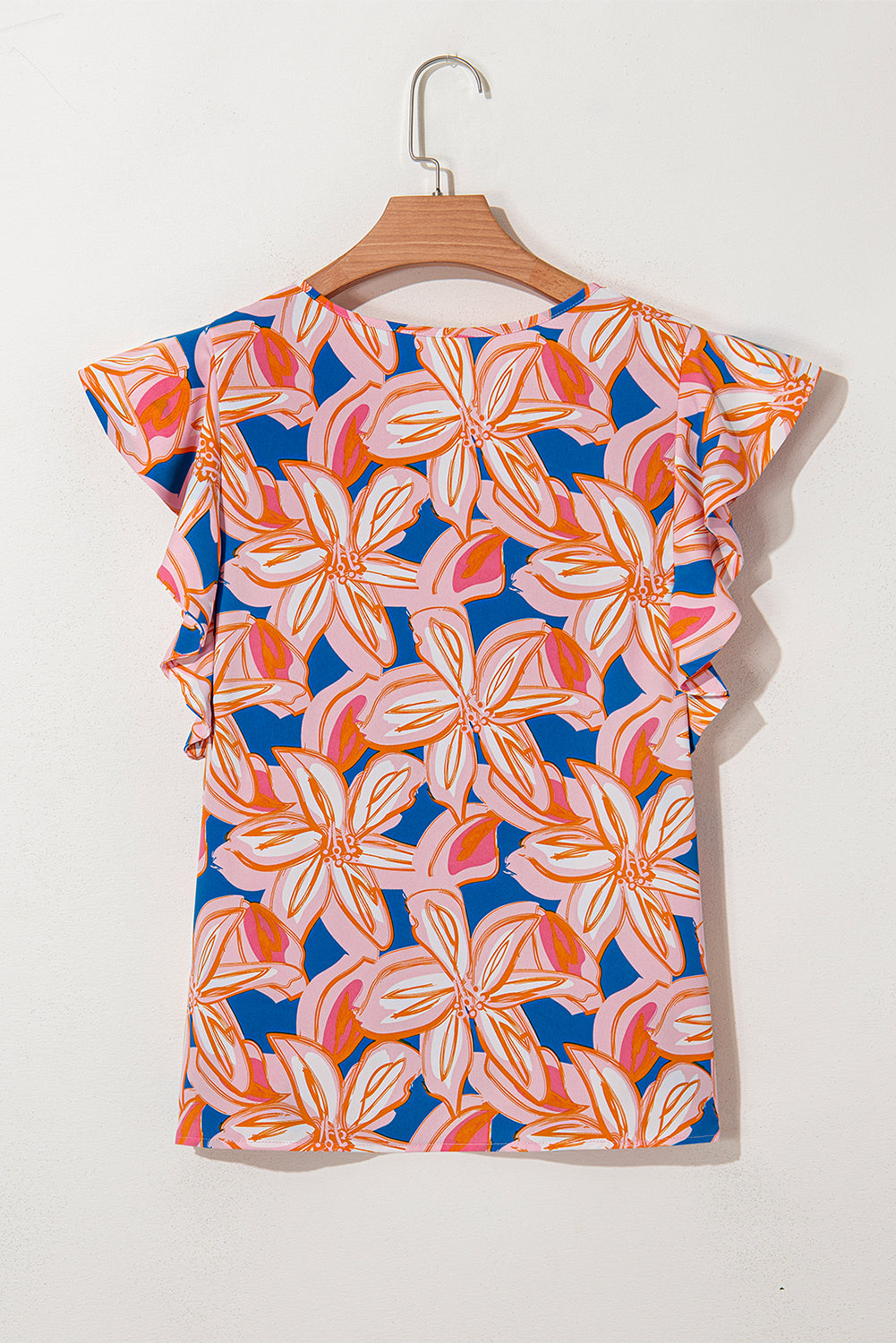 Summer Flower Print Notched Neck Ruffle Sleeve Blouse