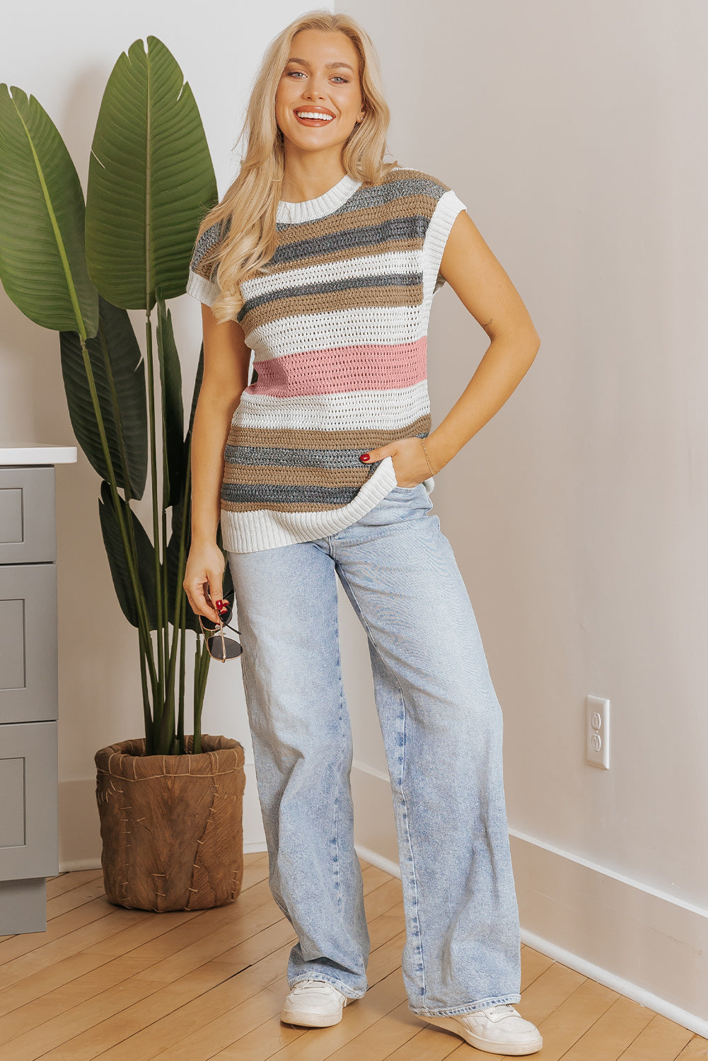 Color Block Eyelet Knit Short Sleeve Sweater Tee
