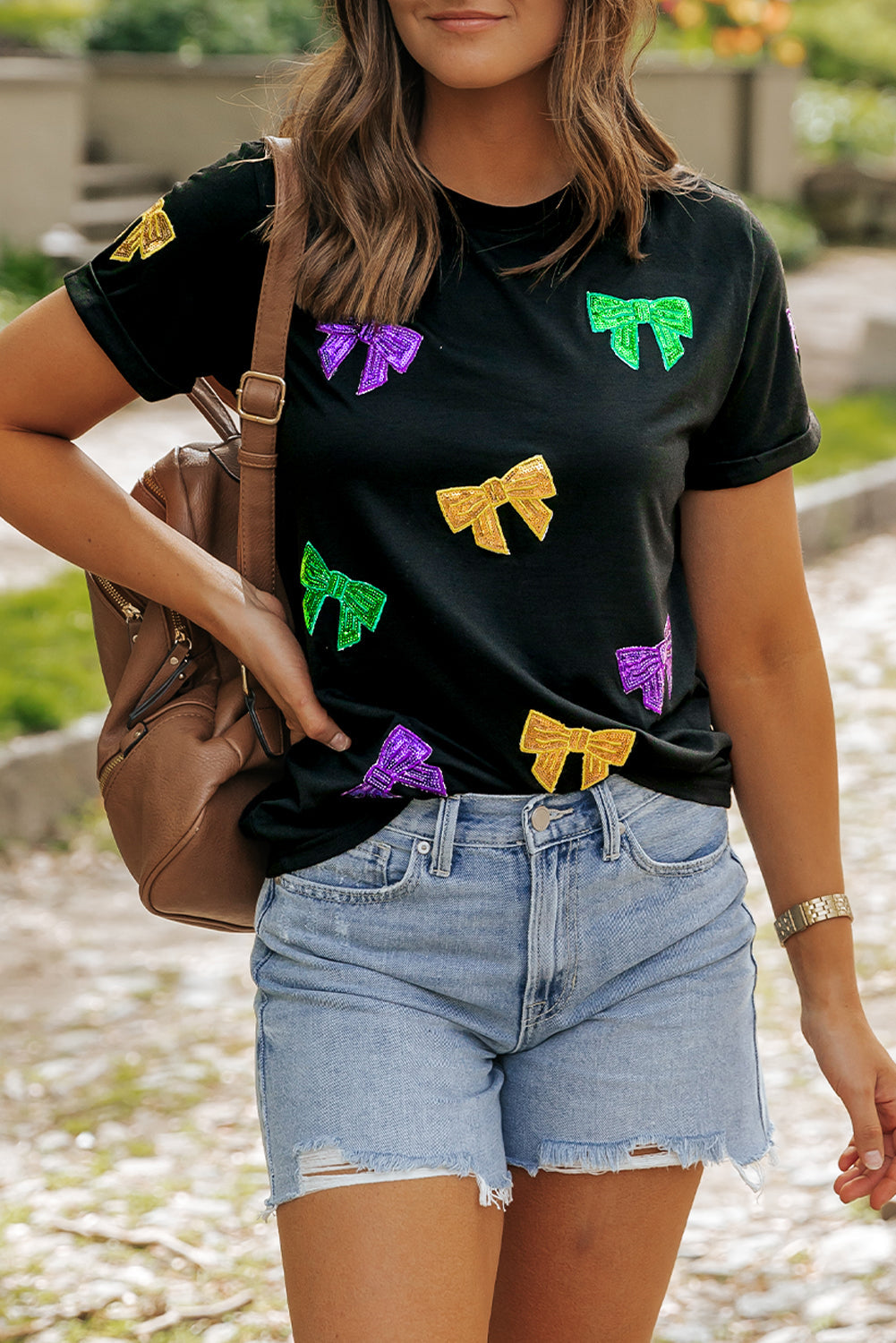 Women's T Shirt with Mardi Gras Sequin Bow Knot-Detail Crew Neck
