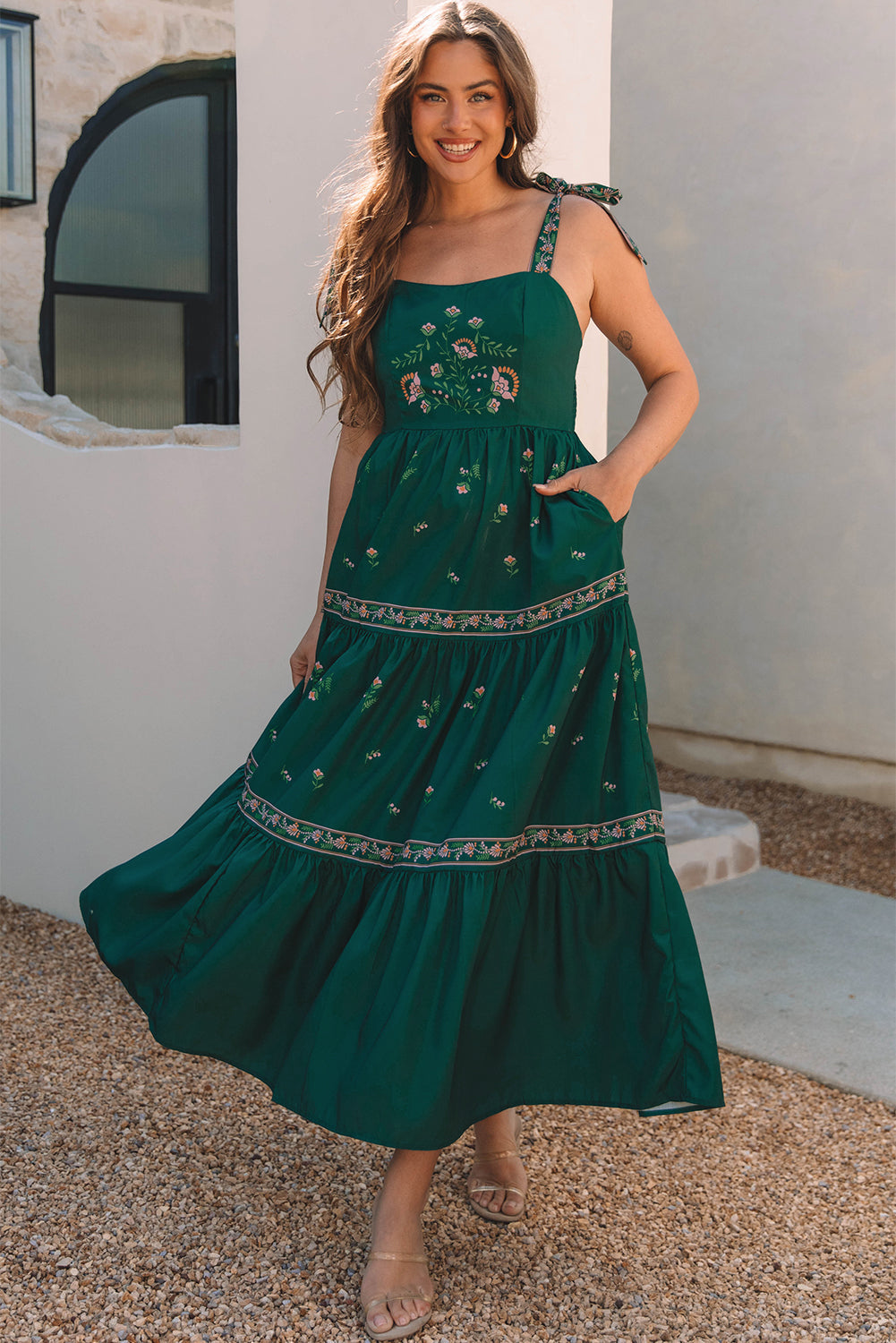 Floral Smocked Back Tied Straps Tiered Maxi Dress