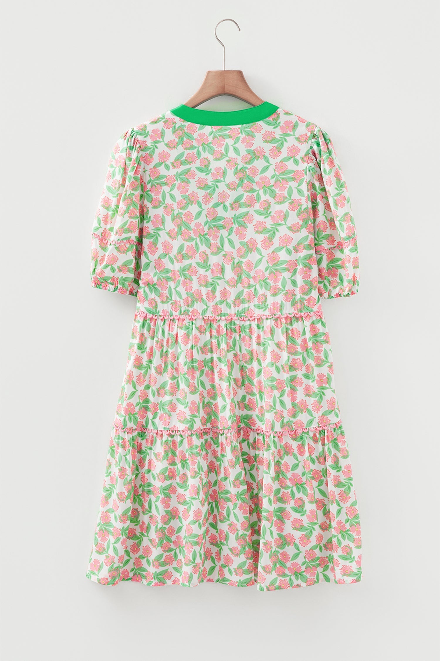 Ricrac Trim Pink Trim Floral Short Puff Sleeve Dress in Green