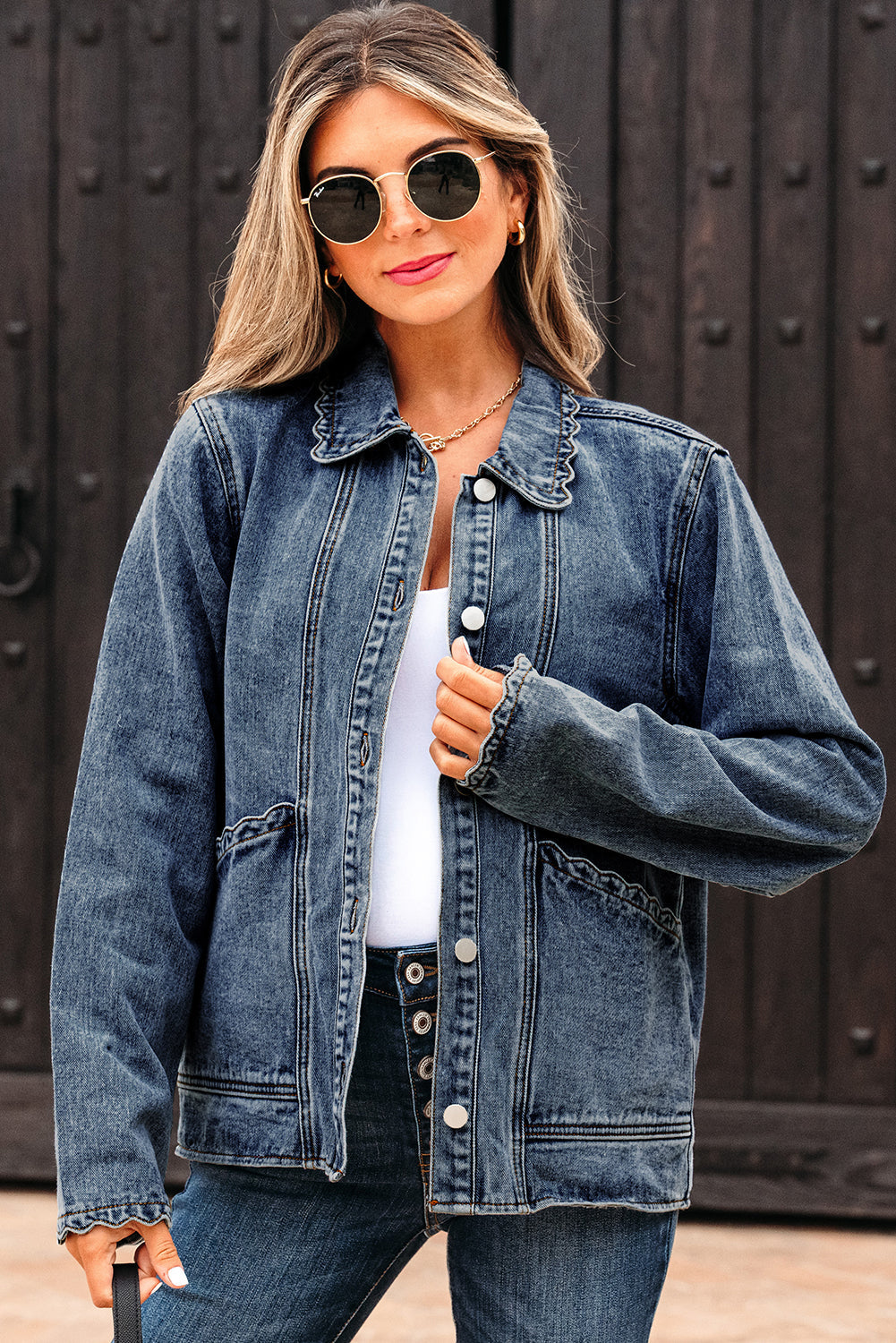 Collar Scallop Trim Patched Pocket Button-Front Denim Jacket