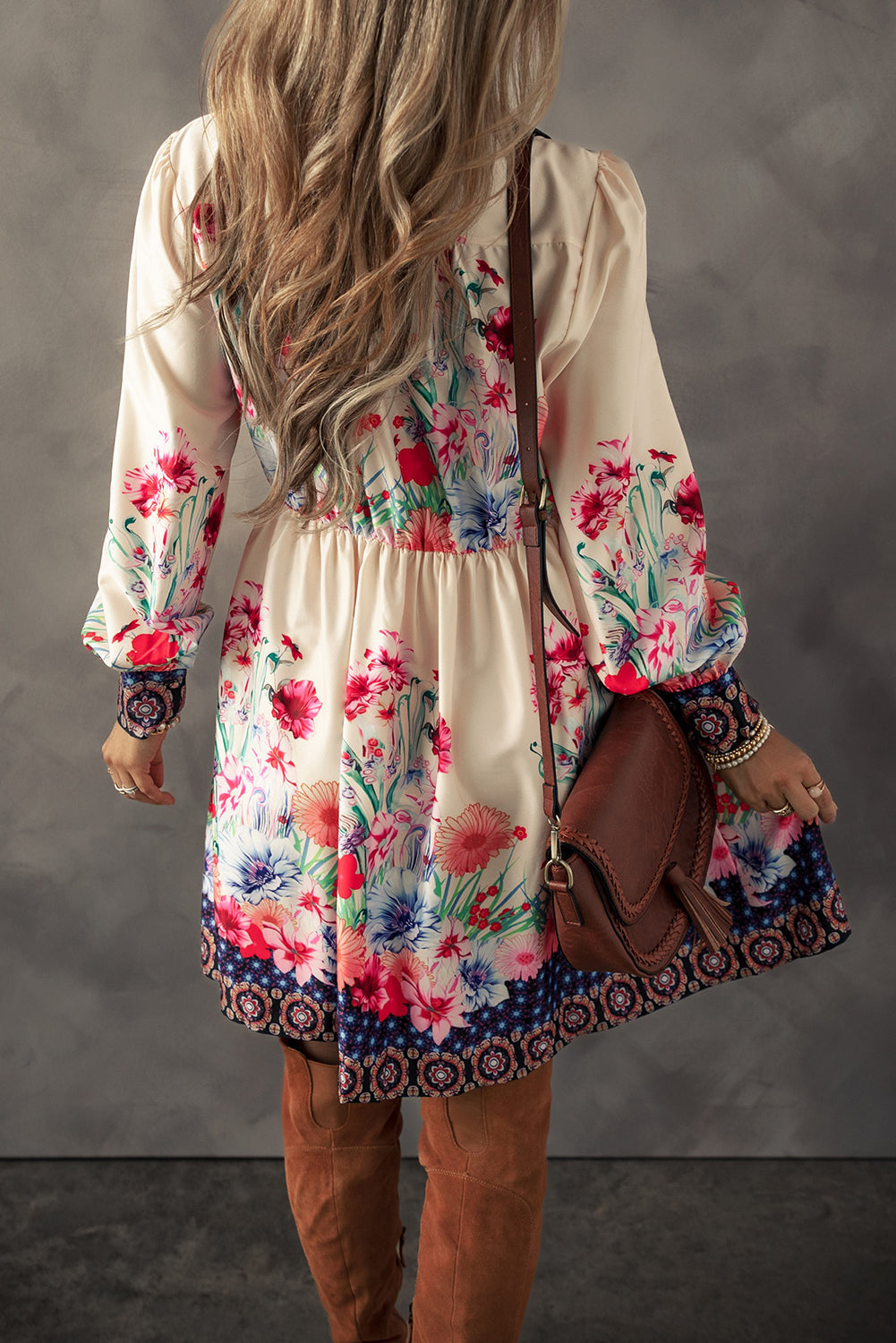 Women's Mini Dress Featuring Floral-Print High-Rise Shirt
