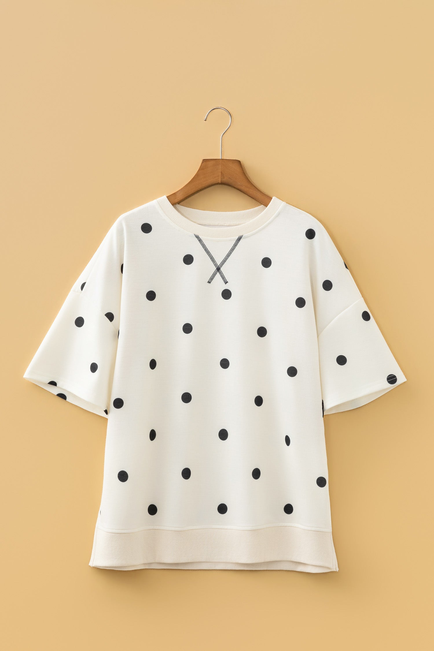 Crossed Polka-Dot Print Seam Detail Oversize Tee in Beige