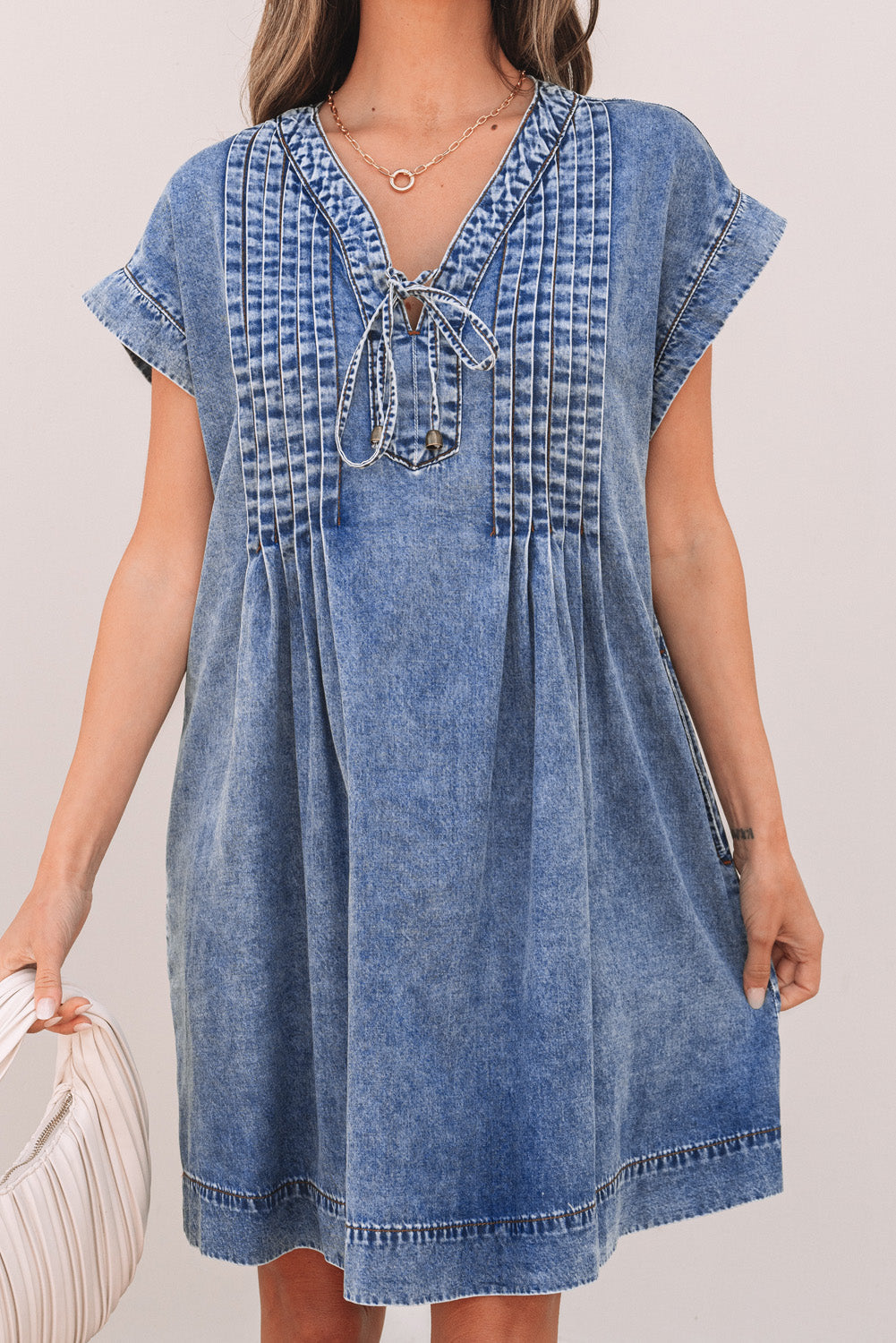 Tie V Neck Tucking Detail Denim Shift Dress