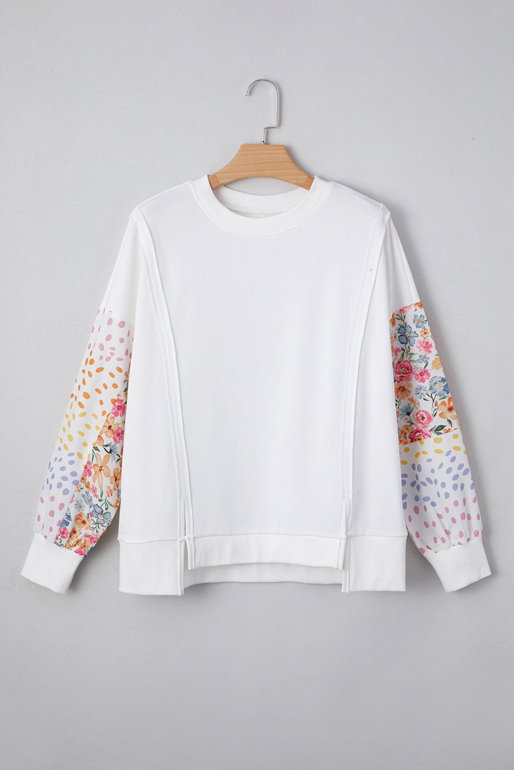 Floral Dotted Mixed Print Patchwork Sleeve High Low Everyday Sweatshirt