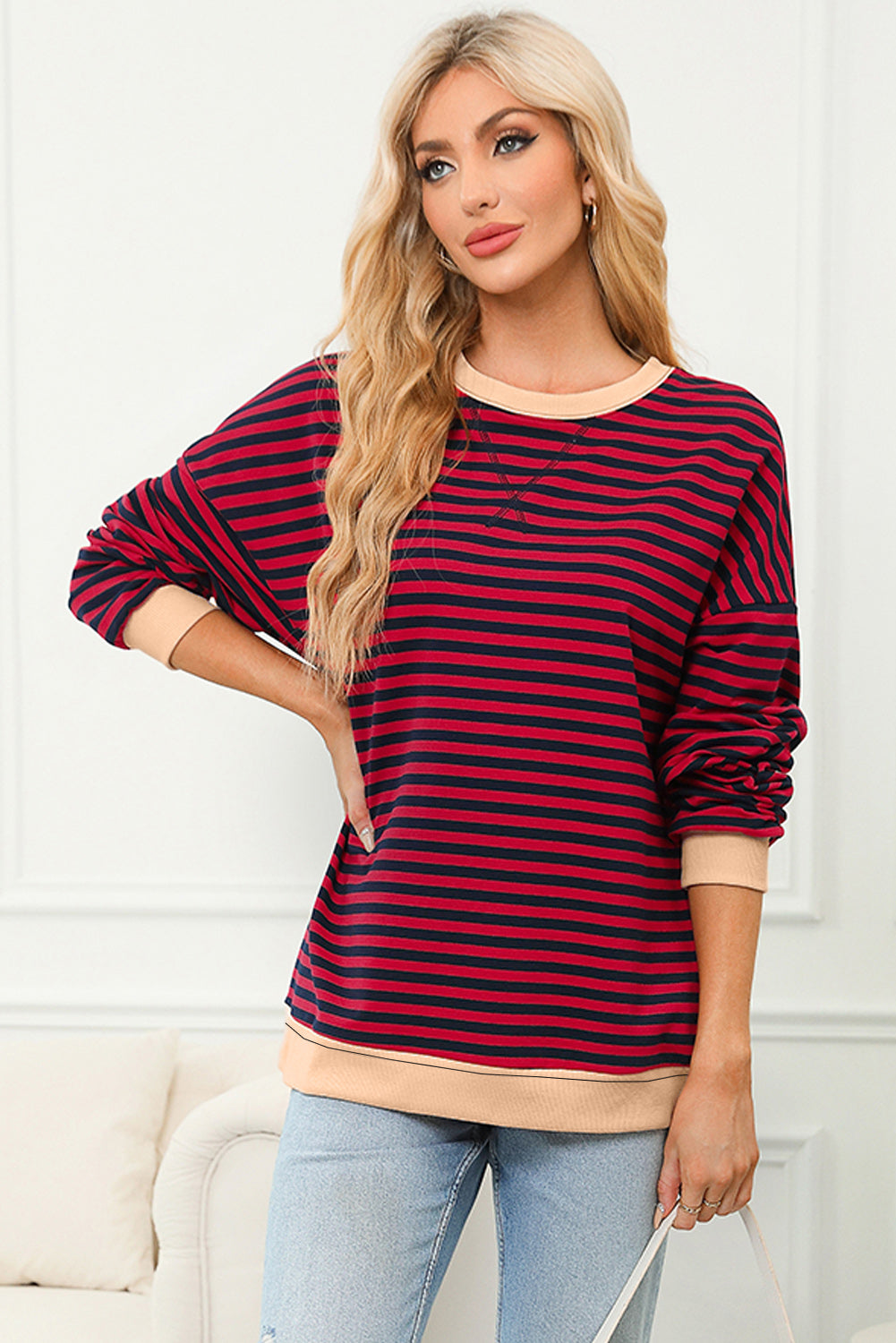 Trim Contrast Rib-Knit Crossed Stitch Drop-Shoulder Sweatshirt