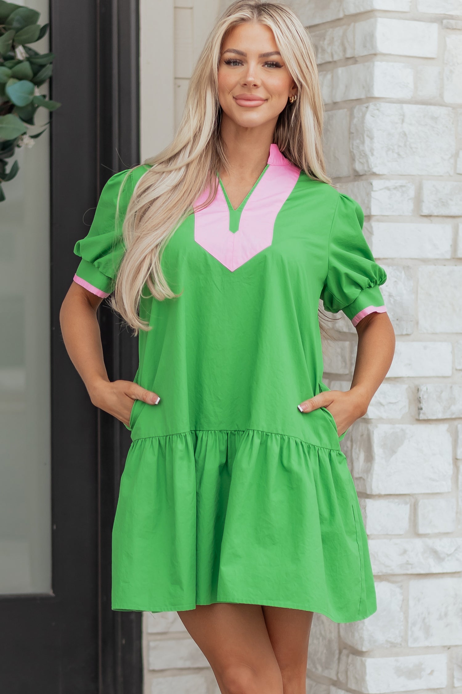 Split Neck Short Puff Sleeve Ruffle Hem Mini Dress