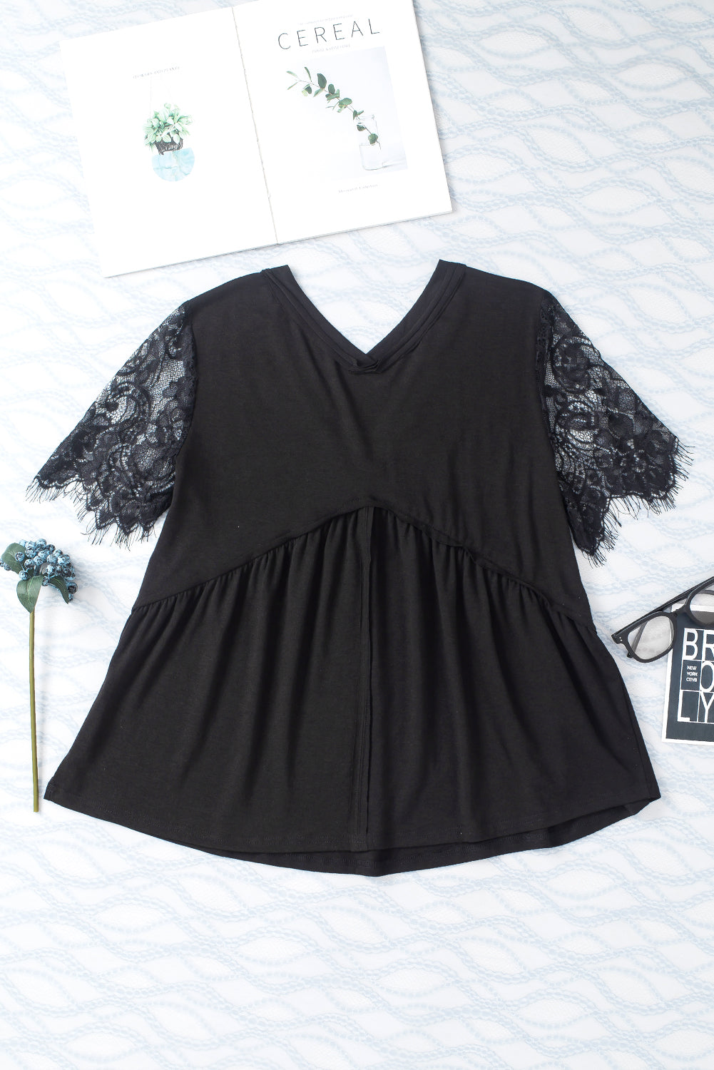 Women's Babydoll Top with Ruffle-Trimmed Eyelash Lace-Trimmed