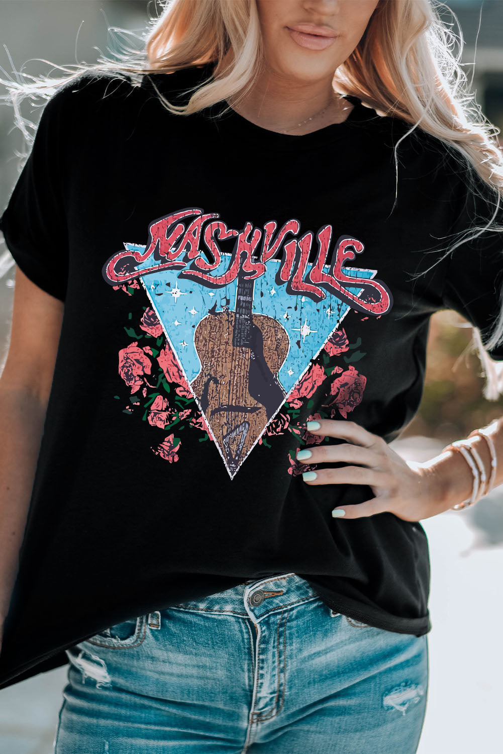 Women's T Shirt with Letter Graphic-Print Guitar Flower