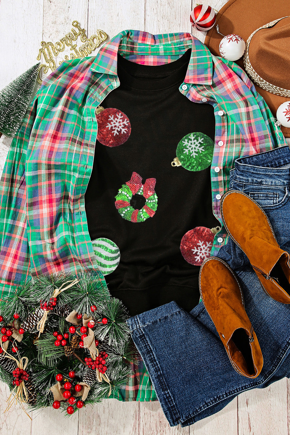 Women's Pullover Sweatshirt Featuring Sequined Christmas Graphic-Print