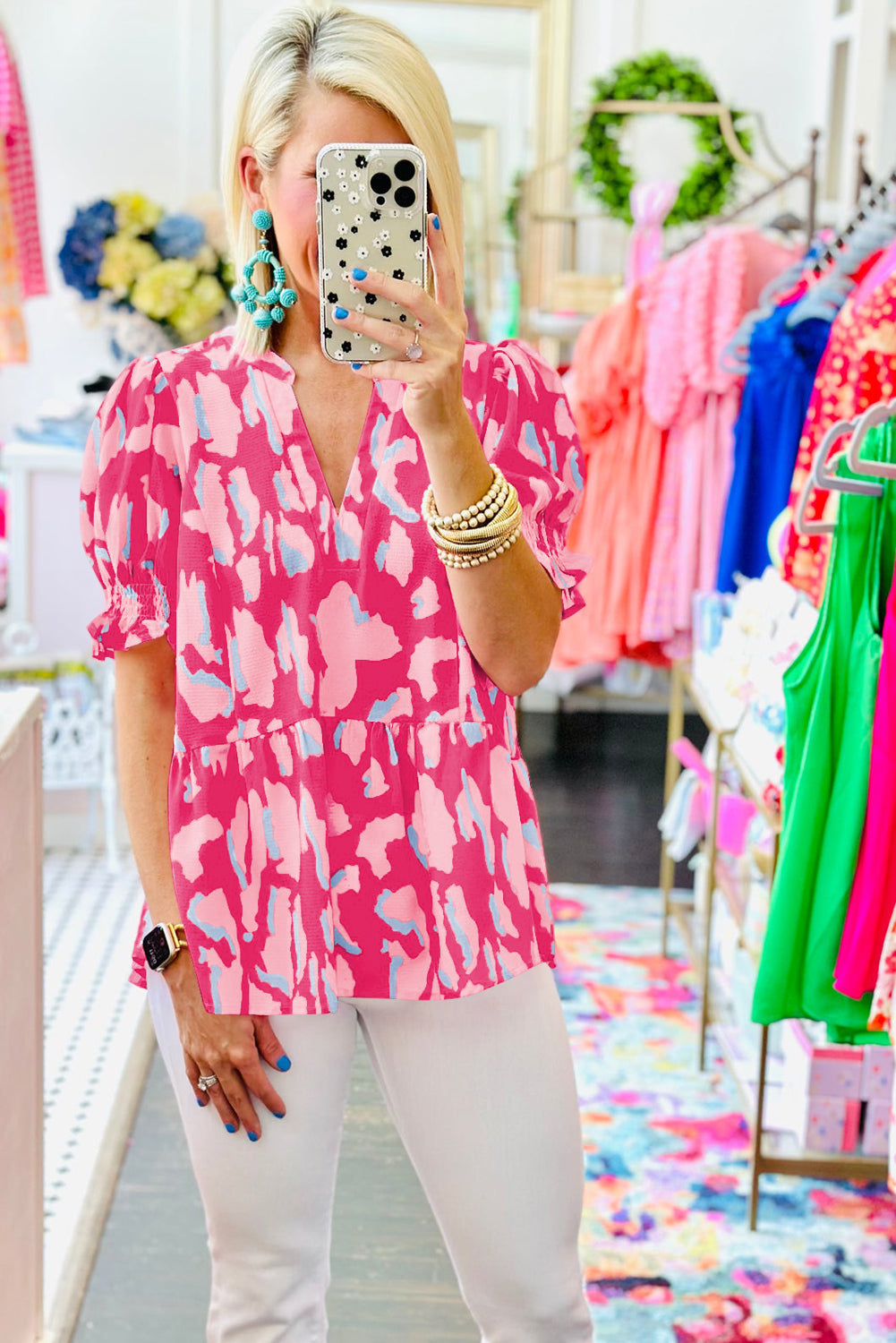 Women's Blouse with Shirred Balloon Sleeve V Neck