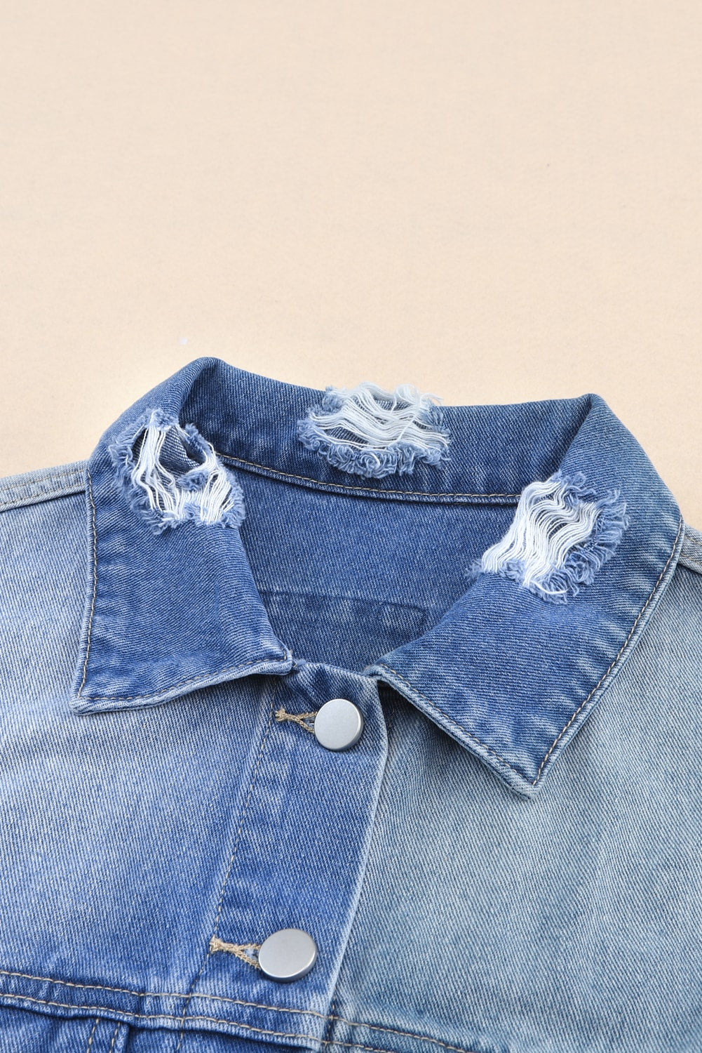 Women's Jacket Featuring Color-Block Denim Patchwork Frayed Hem