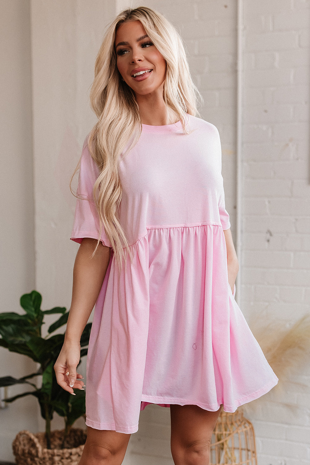 Pink Pocketed Raw Edge Babydoll Dress
