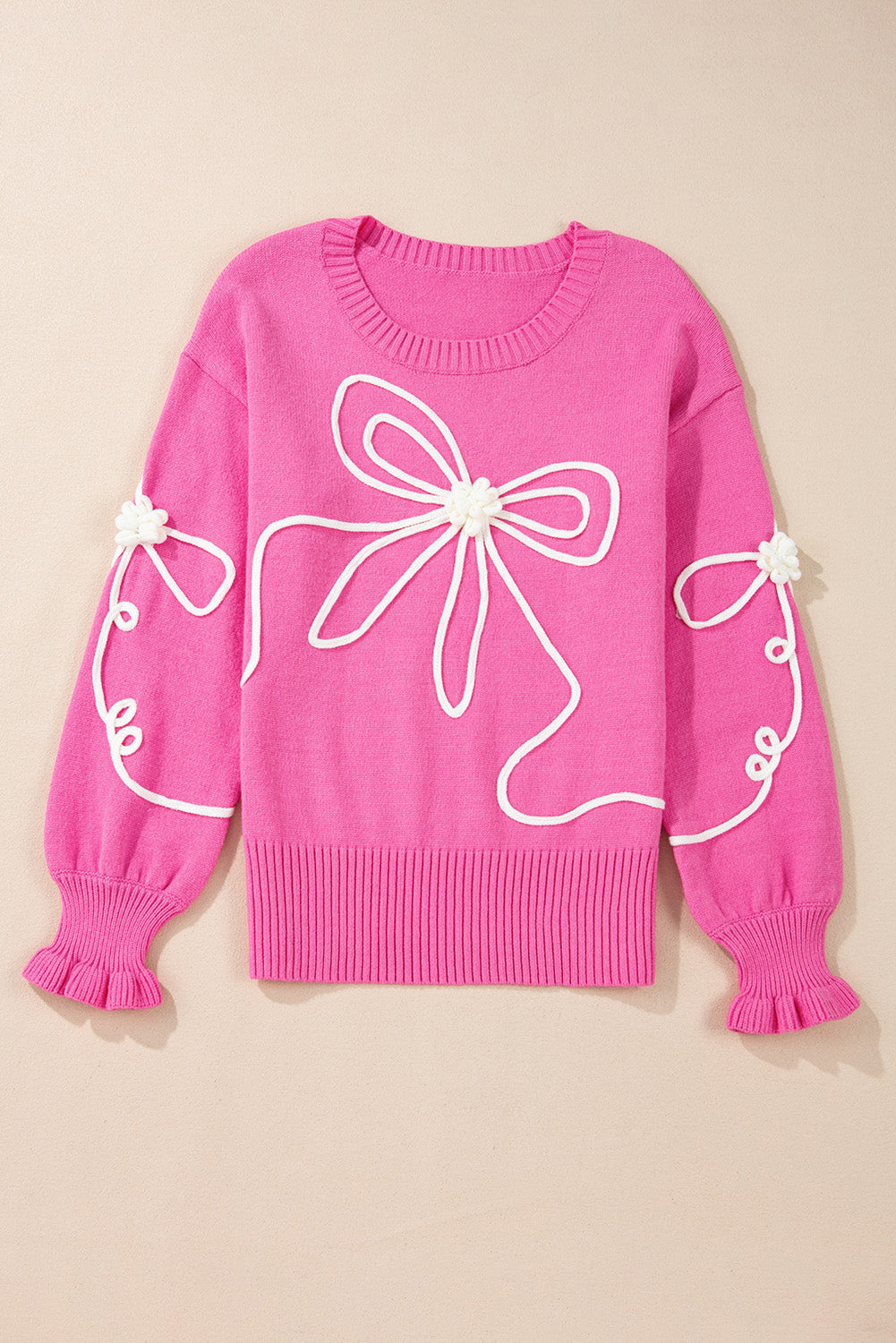 Cute Pink Corded Flower Bow Ribbed Trim Sweater