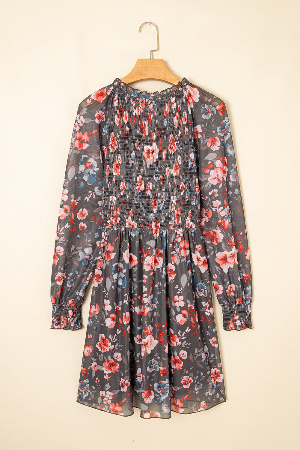Smocked Bodice Frilly Bodice Floral Mesh Long-Sleeved Mini Dress