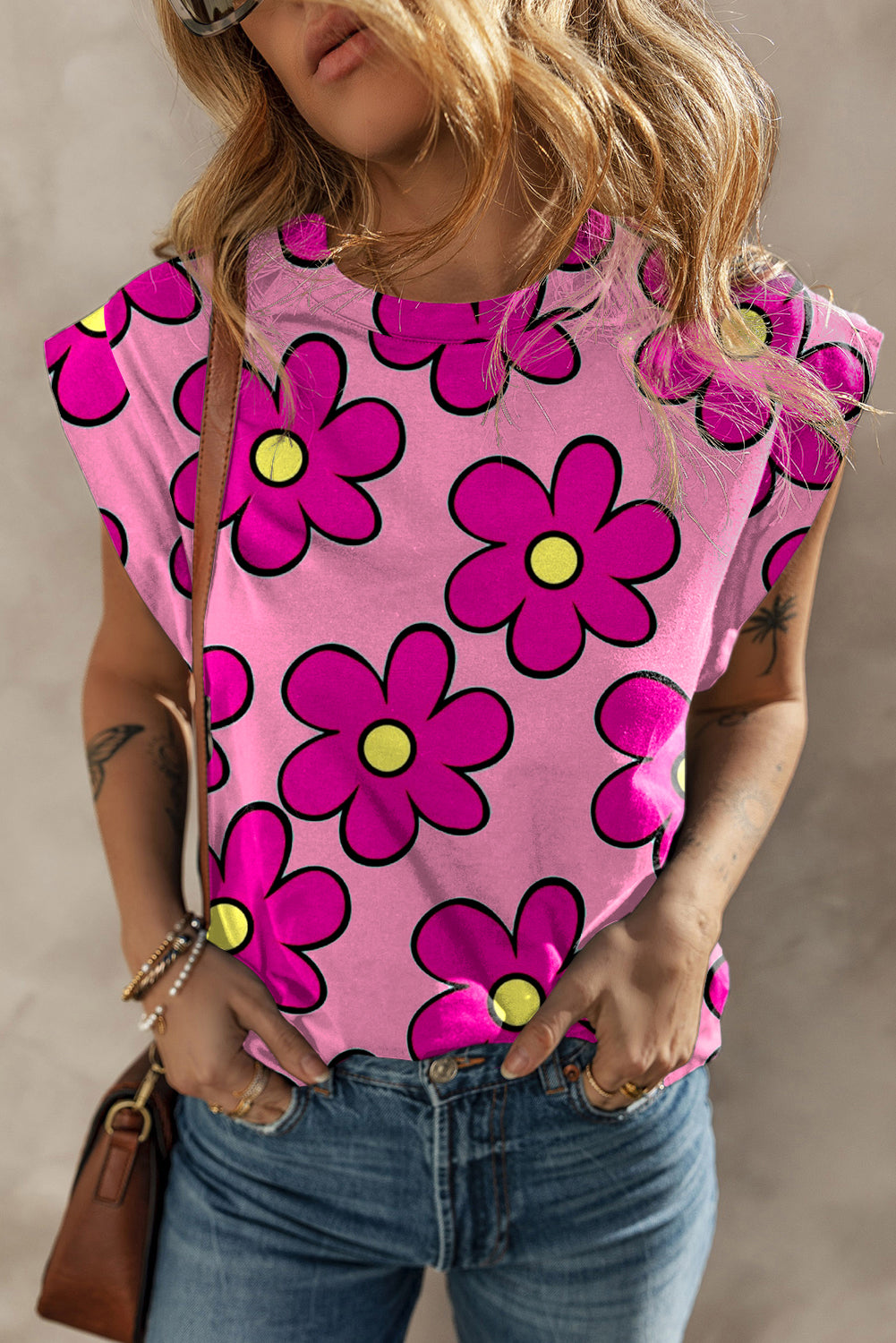 Women's Flower Cap Sleeve T Shirt