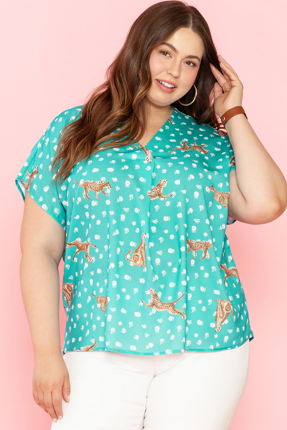 Women's Top with Cheetah V Neck Plus Size