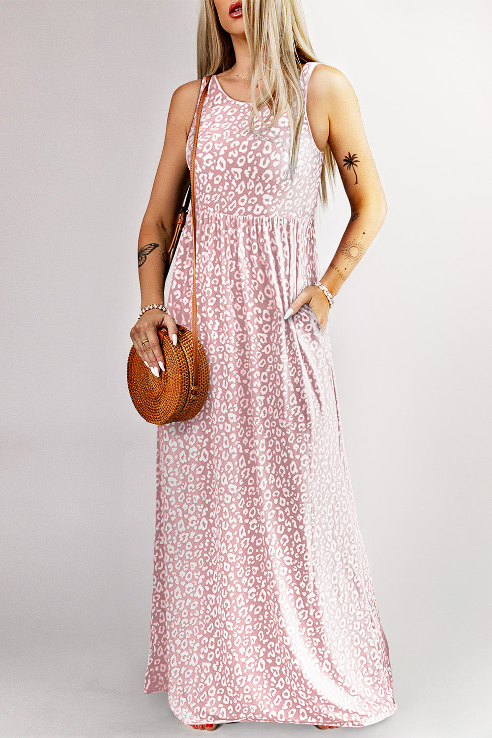 Women's Maxi Dress with Leopard-Print Pocket-Detail Sleeveless