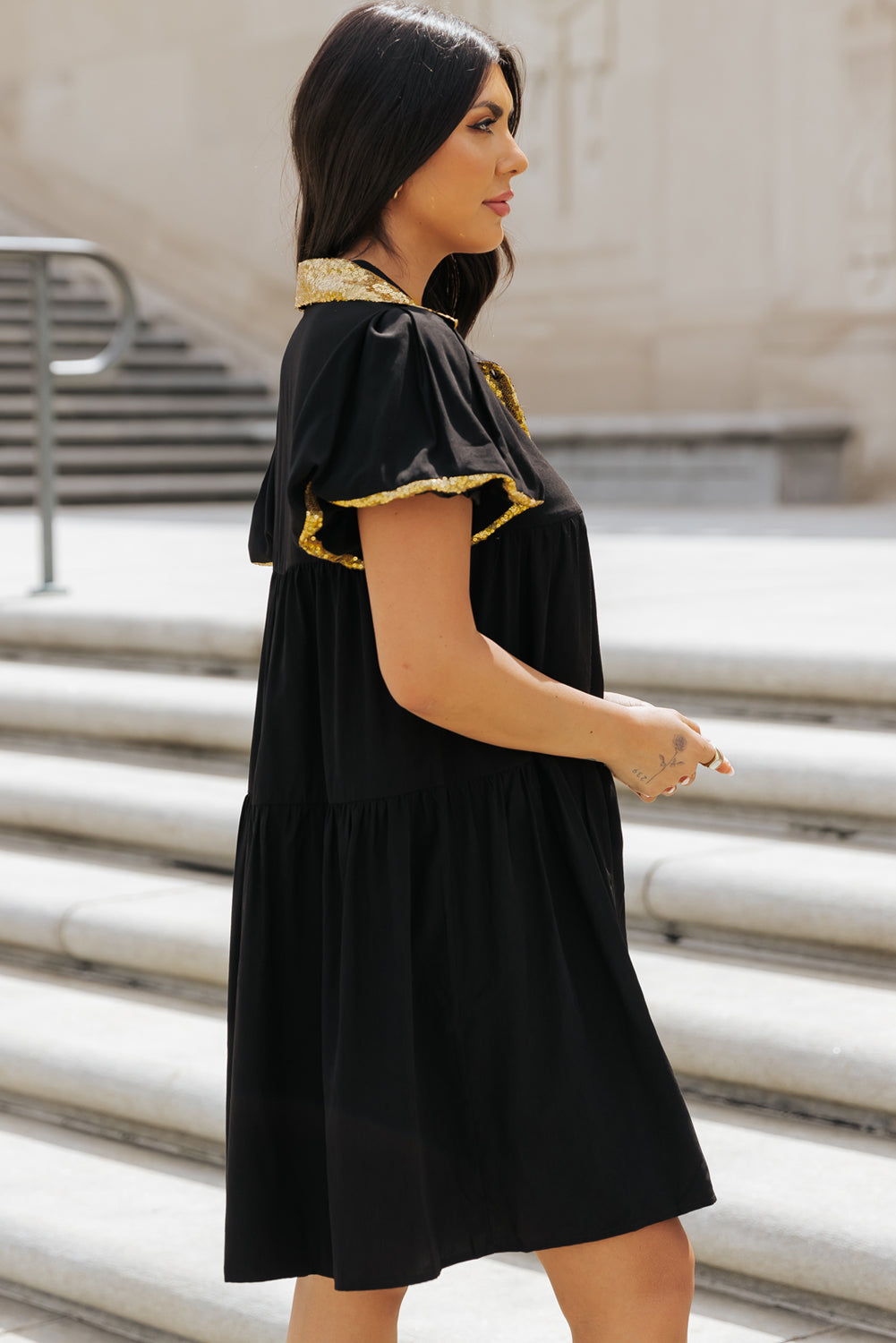 Women's Bubble Sleeve Sequin Trim Shirt Dress