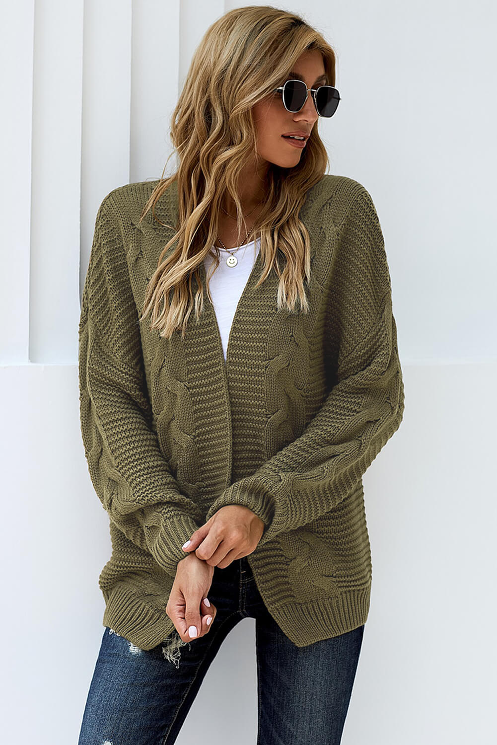 Women's Fashion Olive Chunky Wide Long-Sleeve Knit Cardigan