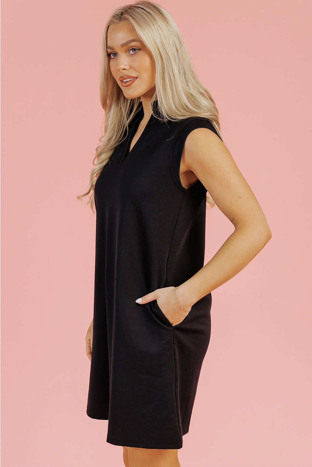 Black Collared Slit Neck Sleeveless Mini Dress