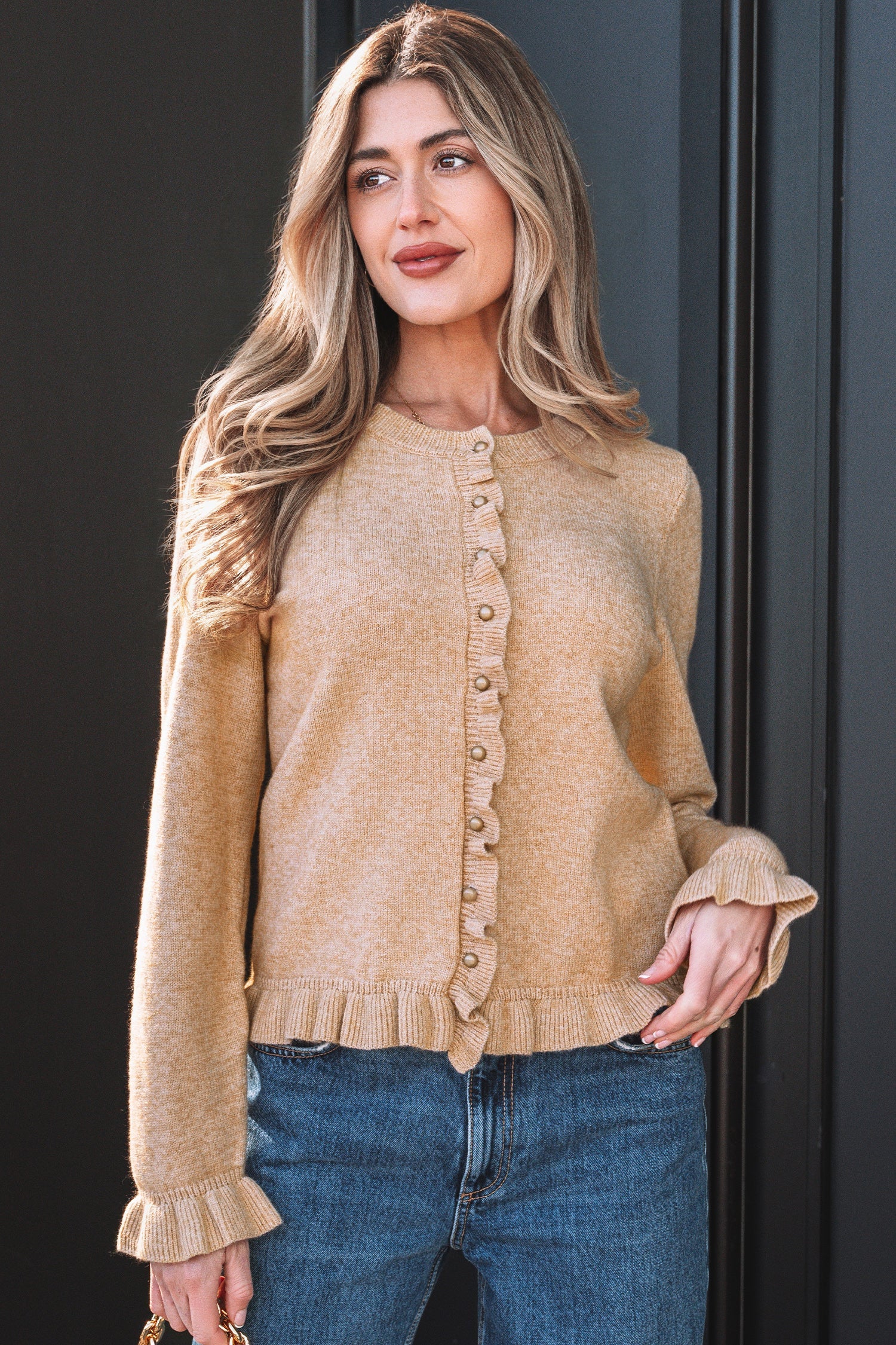 Gold Ruffle Trim Button Cardigan Knit Top