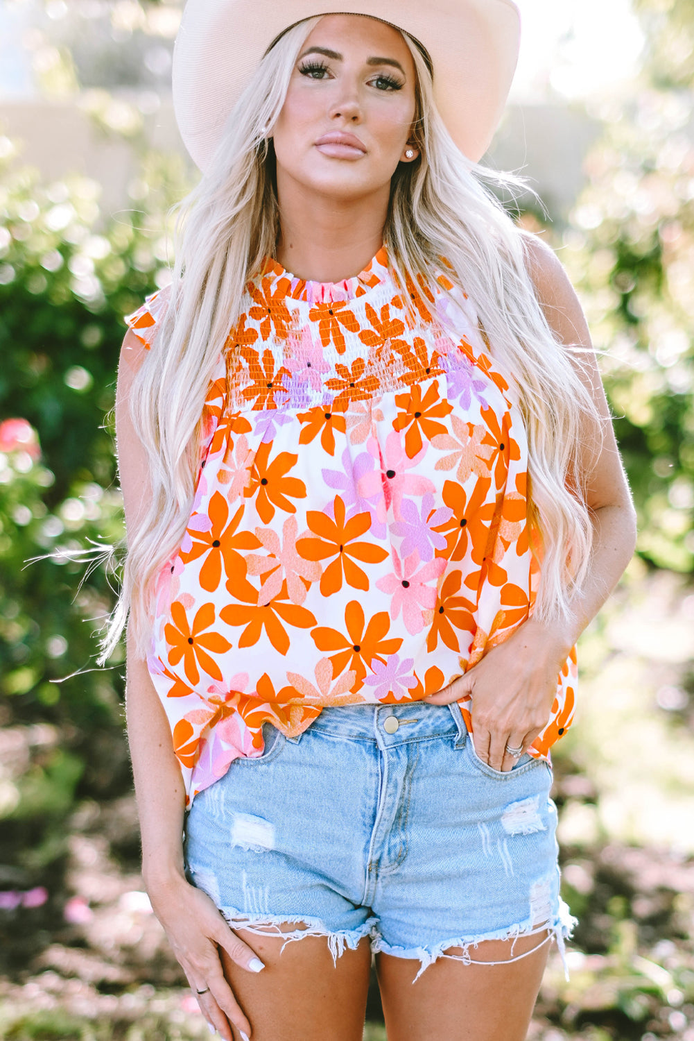 Women's Ruffle-Trimmed Sleeve Shirred Floral-Print Top
