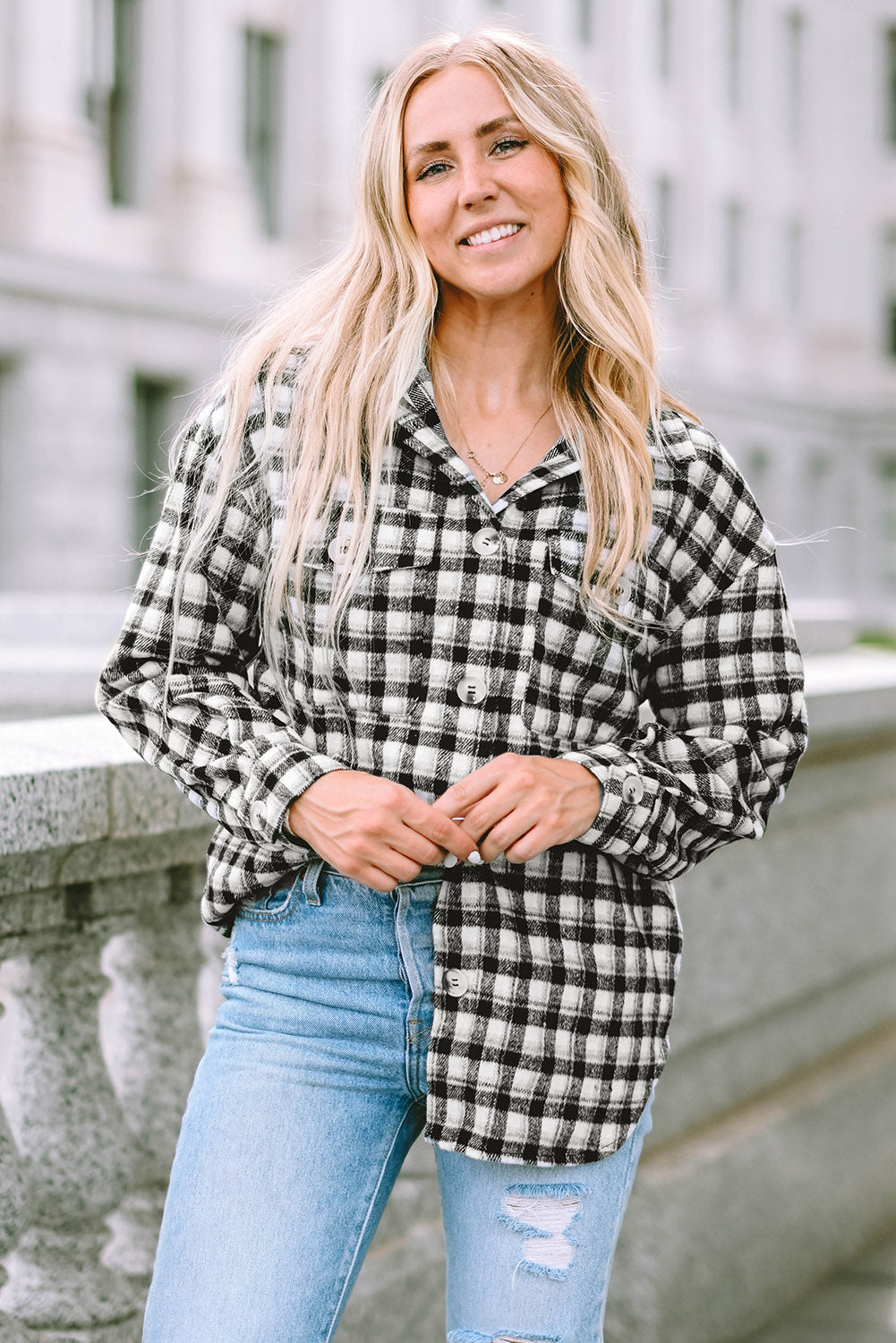Shacket for Women Plaid Chest-Pocket Detail Tunic