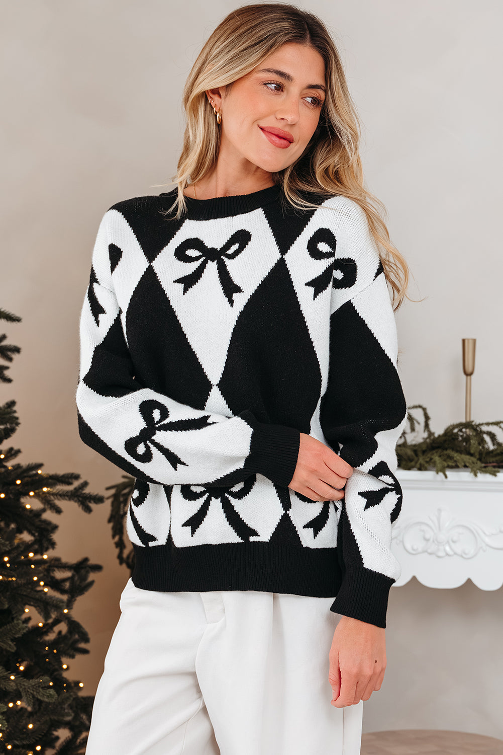 Bow Print 2-tone Rhombus Knit Loose Knit Top
