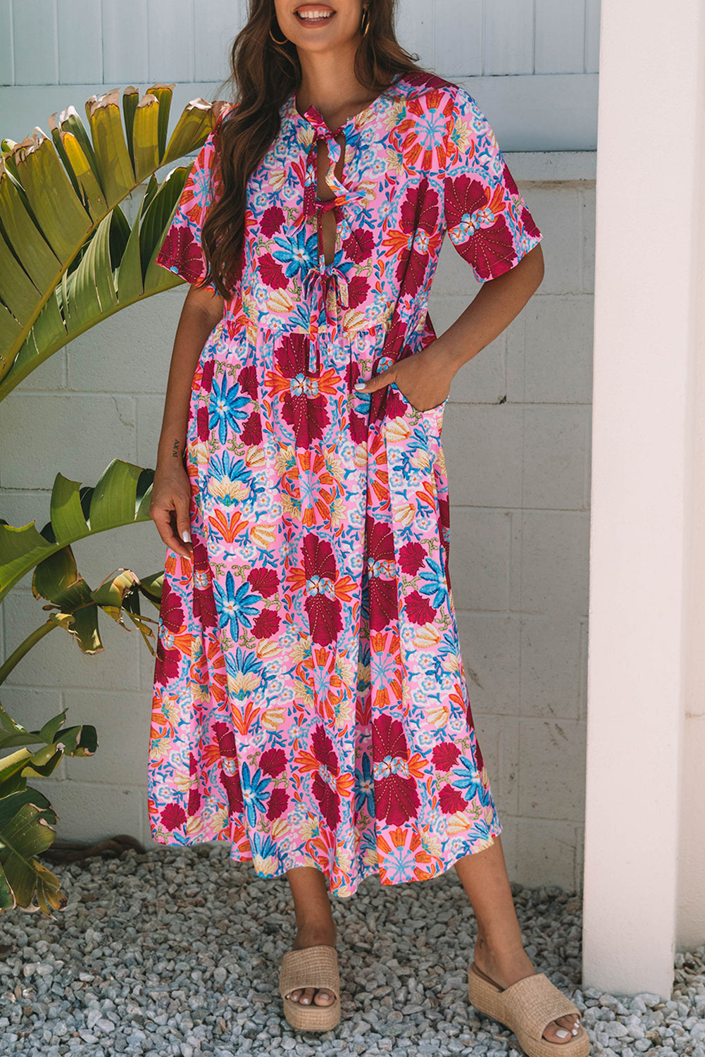 Floral Tied Front High-Waisted Short-Sleeved Loose Long Dress