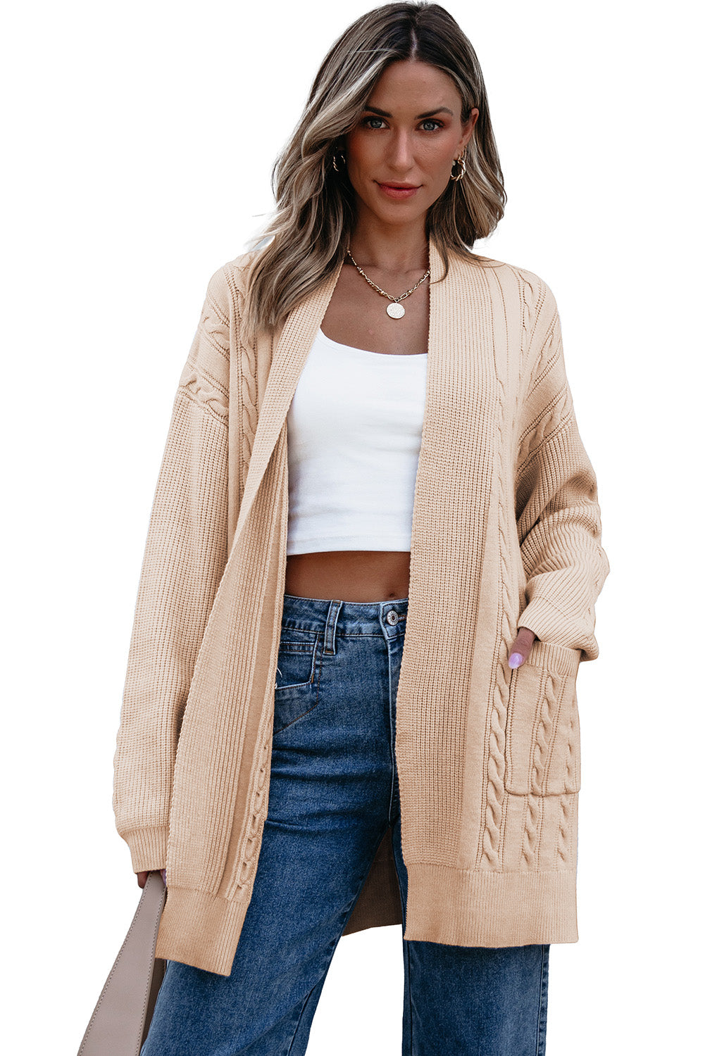 Cable Oversize Chunky Knit Open-Front Midi-length Cardigan