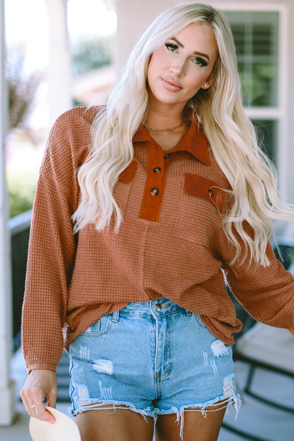 Women's Waffle Knitted Trim Long-Sleeve Top