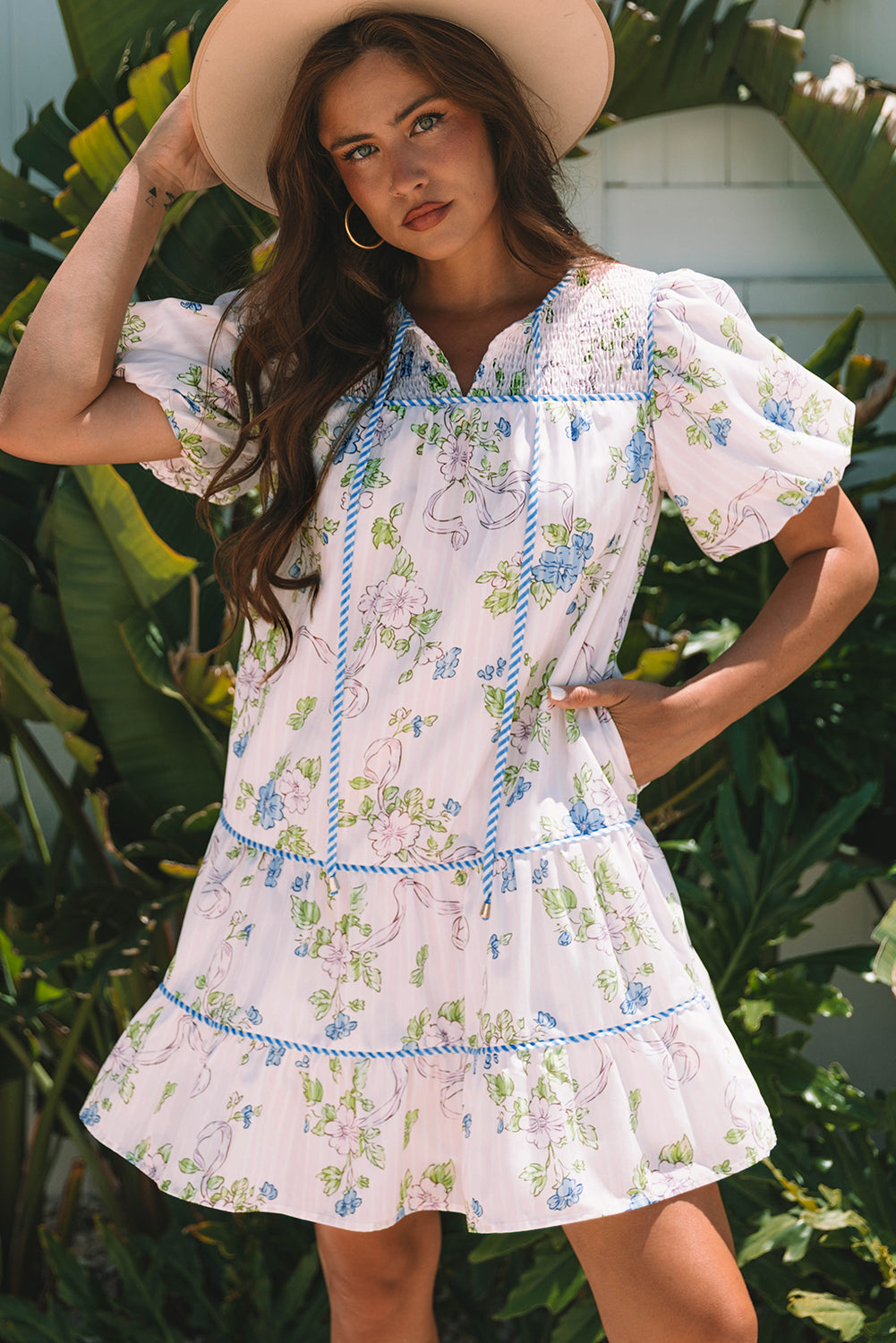 Striped Print Floral Print Contrast Trim Tie Split Neck Mini Dress