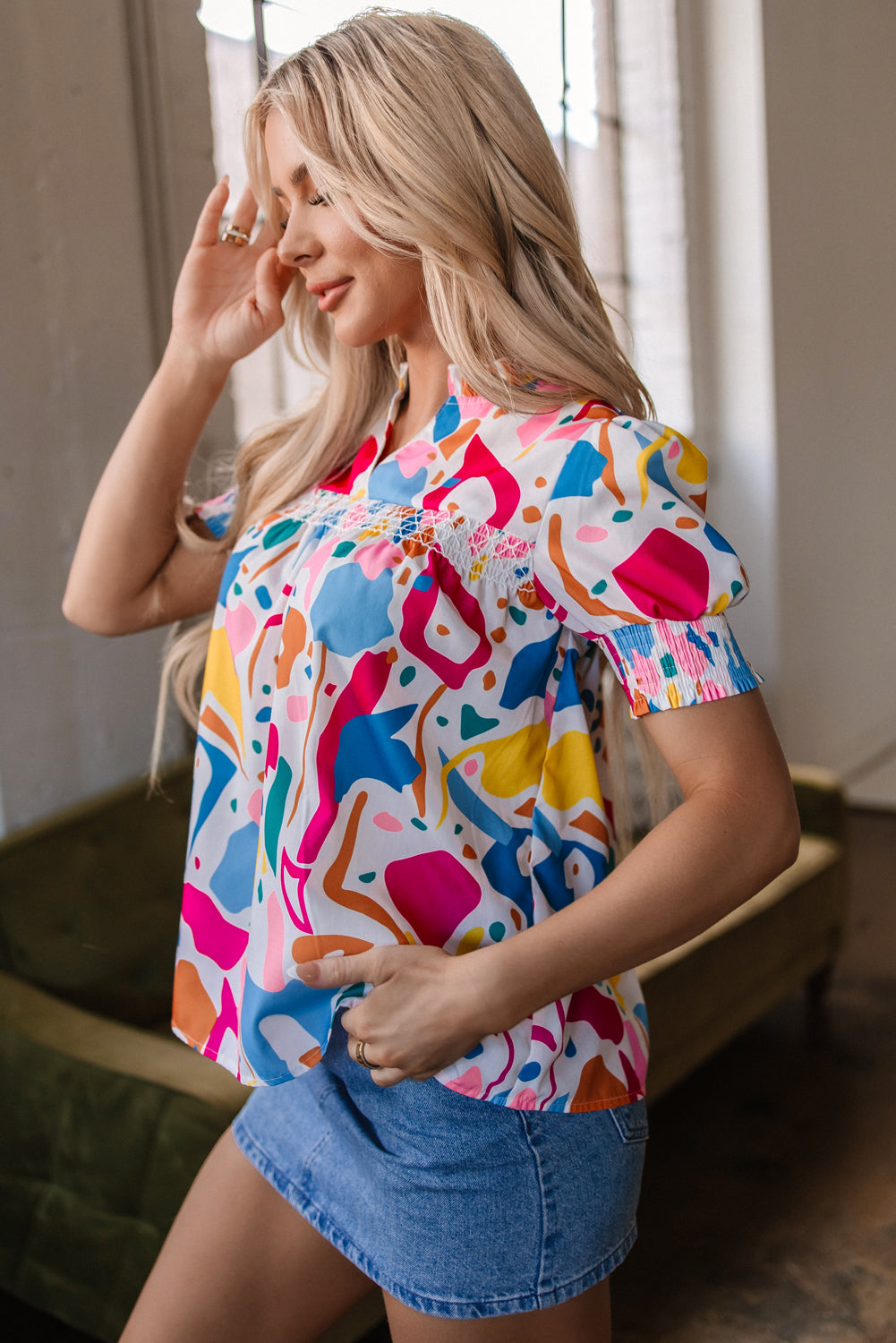Abstract Print Lace Short Sleeve Split Neck Blouse