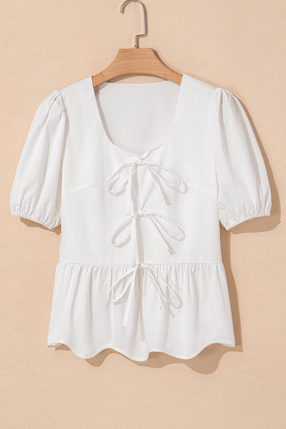 Bow Knot Decor Square Neck Puff Sleeve Peplum Top in White