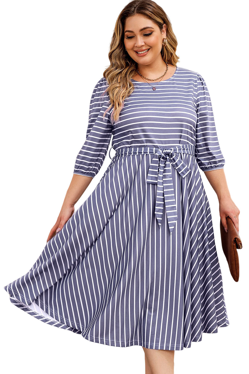 Dress for Women Tie Waist Three-Quarter Sleeve Plus Size