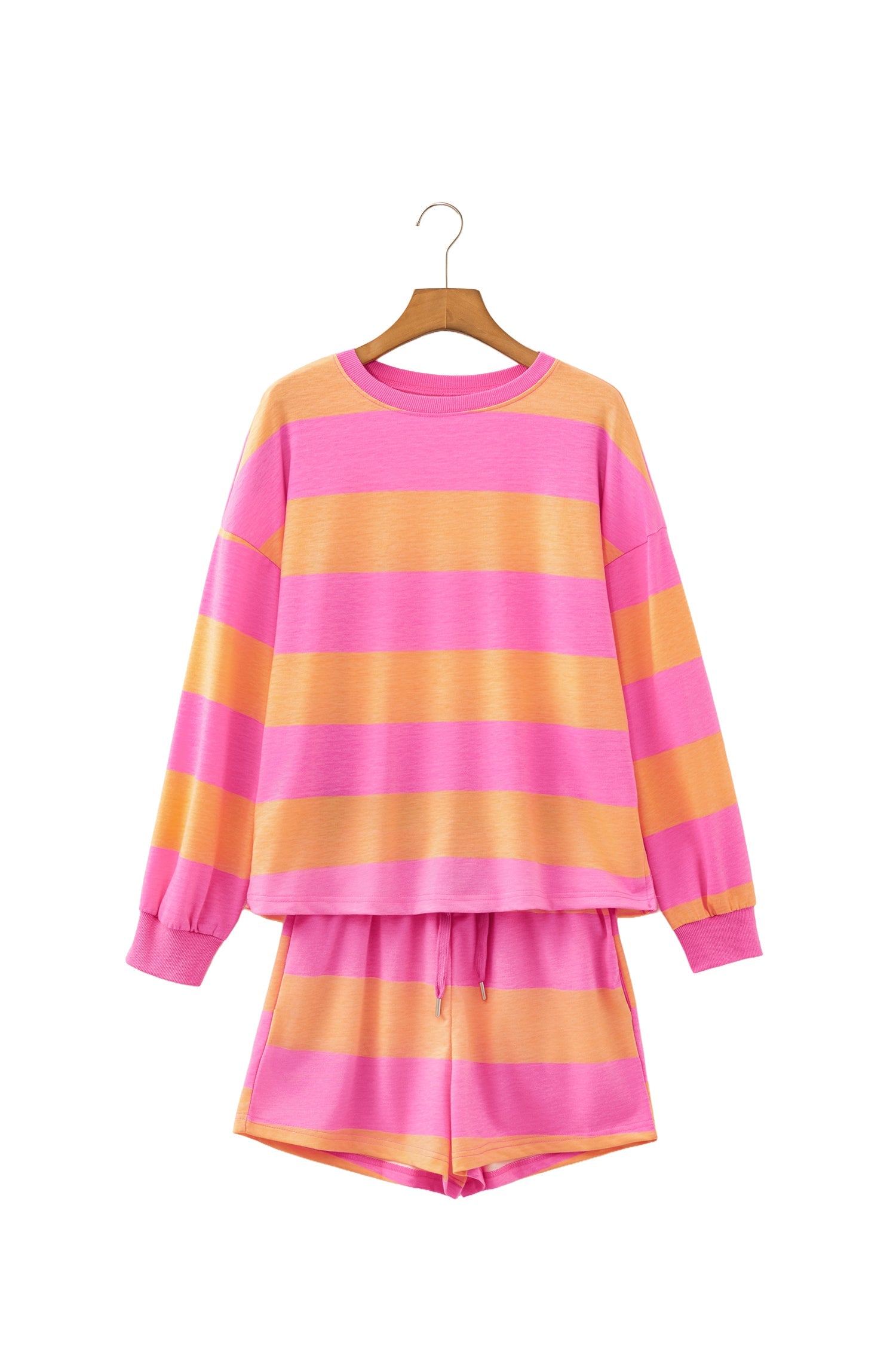 Stripe Top Long-Sleeved Everyday Drawcord Shorts 2-Piece Outfit in Pink
