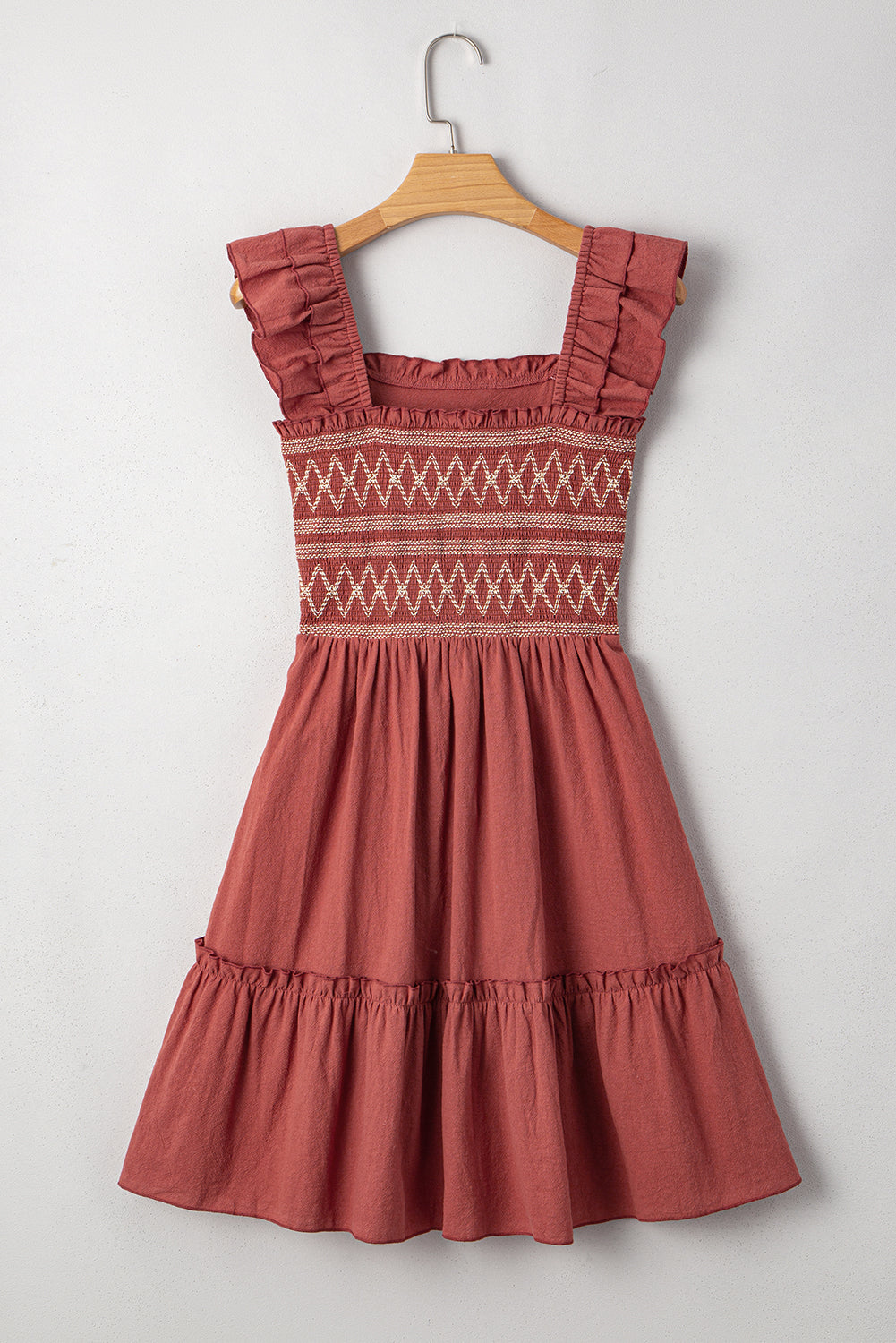 Geometric Stitch Shirred Bodice Ruffled Trim Sleeveless Mini Dress