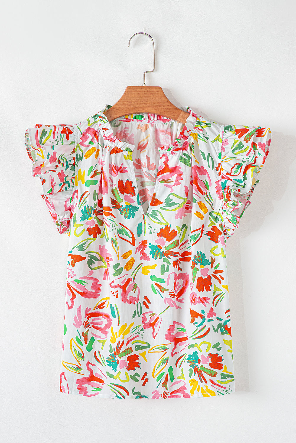 Allover Flutter Floral Printed Sleeve Split Neck Blouse