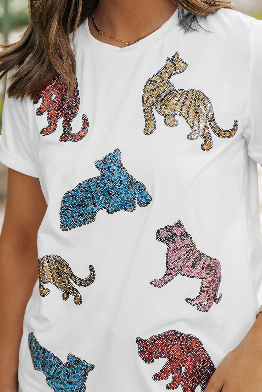 Women's T-shirt Featuring Shiny Tiger Patch Graphic-Print Summer