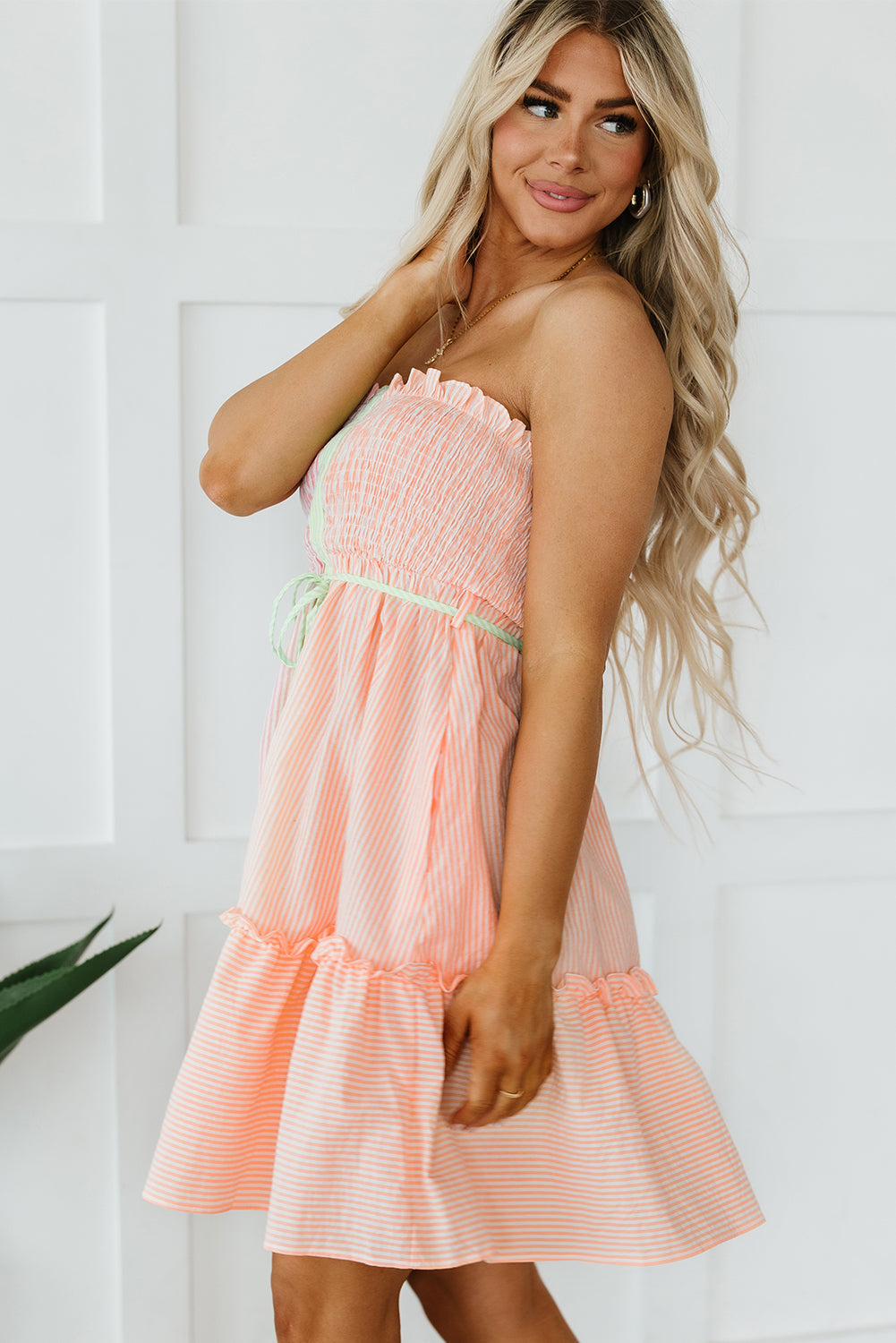 Women's Mini Dress with Strapless Shirred Frill-Trimmed