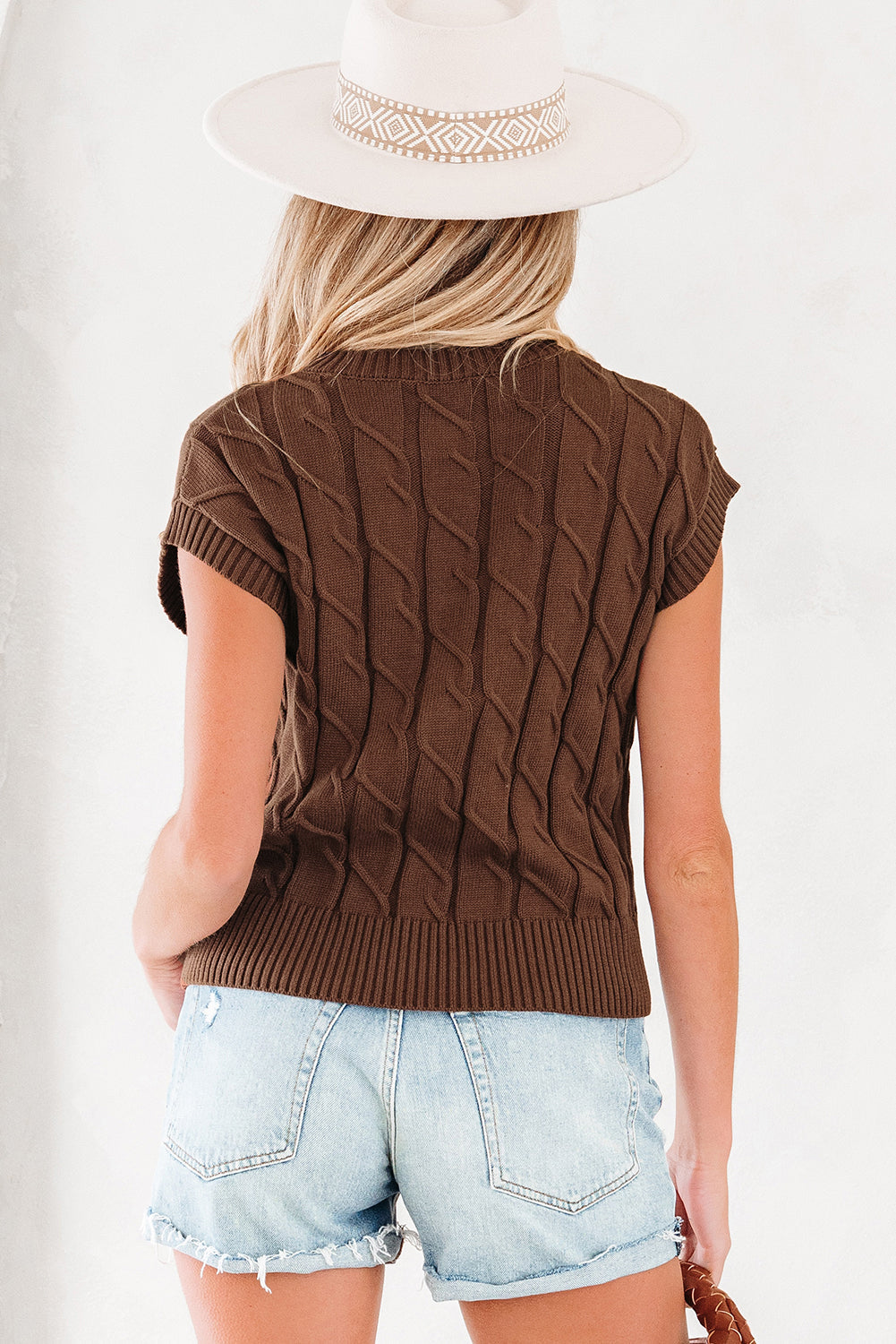 Crew-Neck Cable Texture Short-Sleeved Knit Top Top