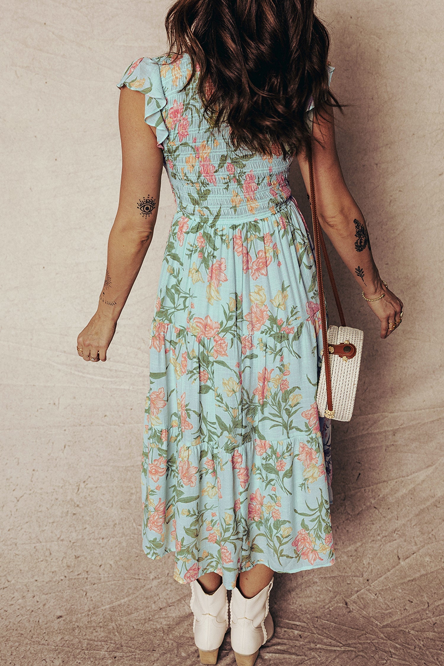Smocked Sleeveless Bodice Ruffled Tiered Floral Maxi Dress