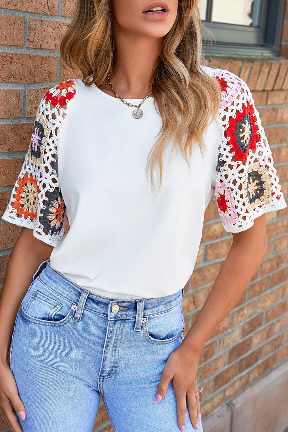 Women's Top with Crochet Short-Sleeve Floral-Print