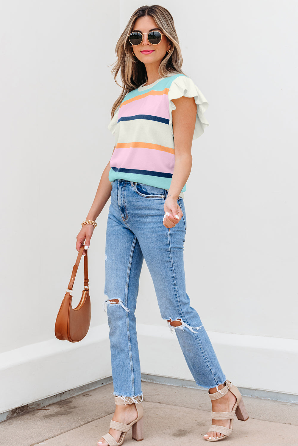 Flutter Striped Colorblock Sleeve Patchwork Knit Top Top