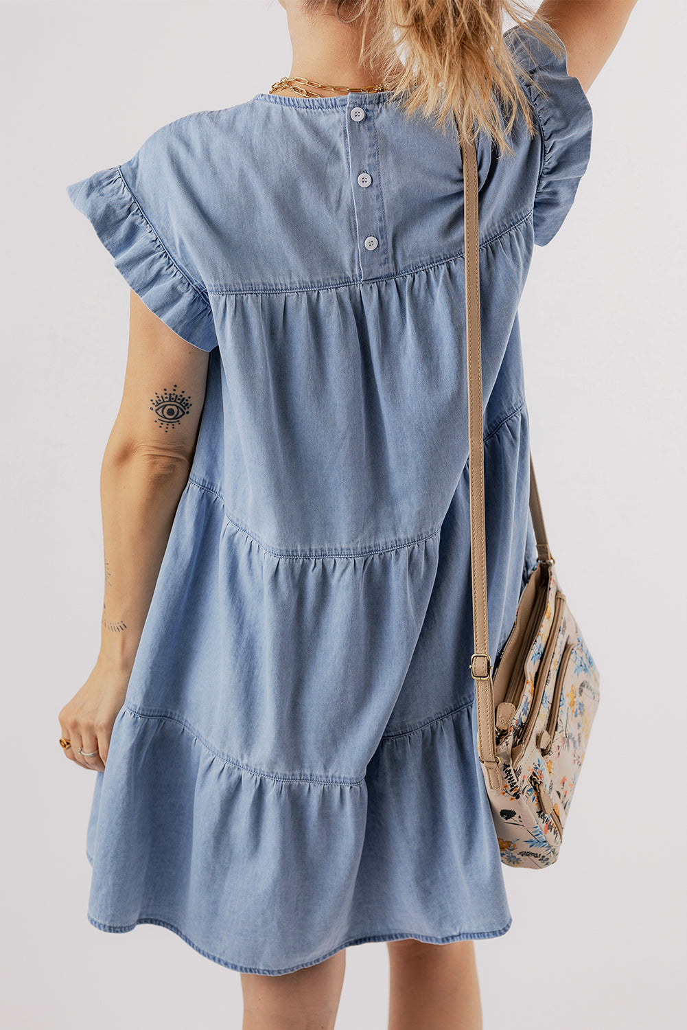 Women's Dress Featuring Ruffle-Trimmed Layered A-line Denim
