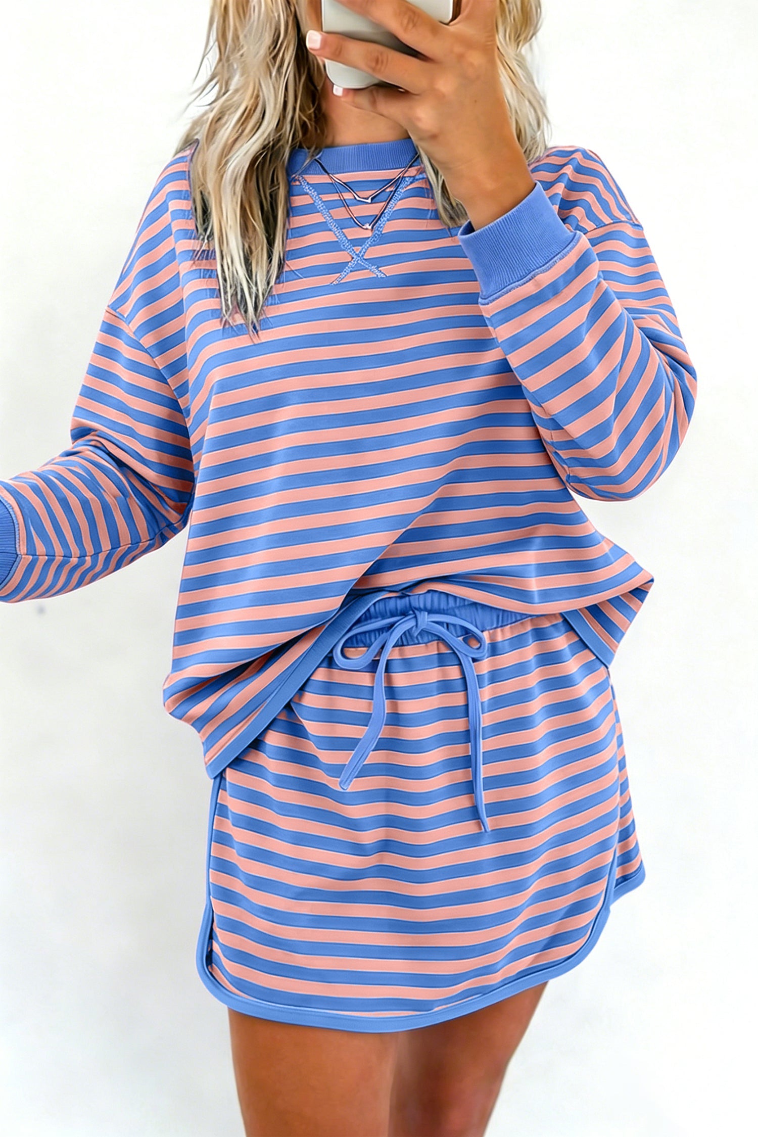 Stripe Long-Sleeved Easy-Fit Pullover Drawcord Mini Skort 2-Piece Outfit in Blue